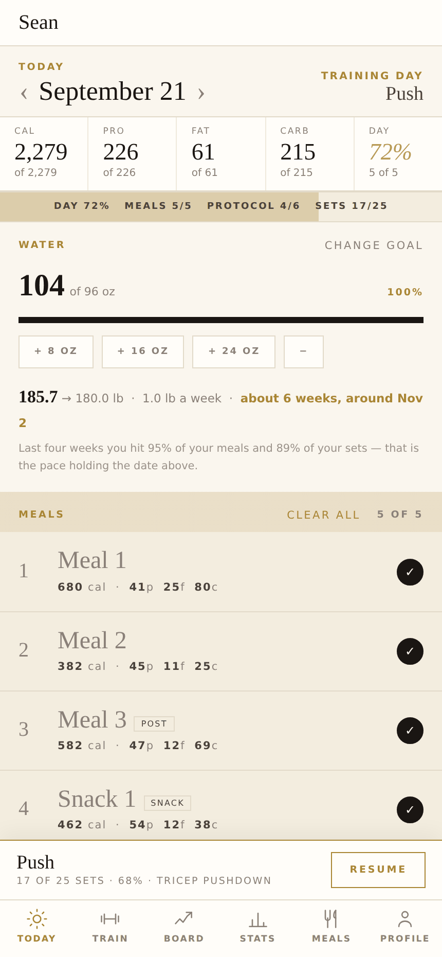 The Ascend Today screen: calories and protein against target, water, a weight forecast, the day's meals, and the workout in progress at the bottom.