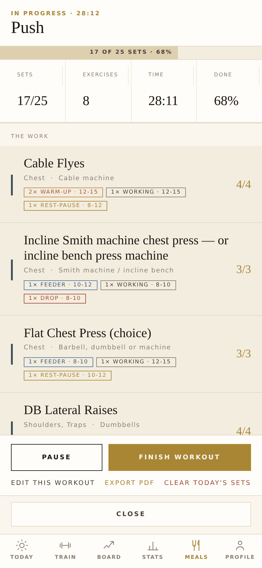 A live Push session: 28 minutes in, about 13 minutes left, 17 of 25 sets done, with each exercise and its set blocks listed.